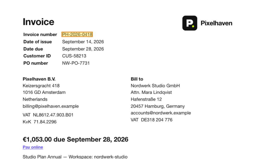 Sample invoice with the extracted invoice number located on the page