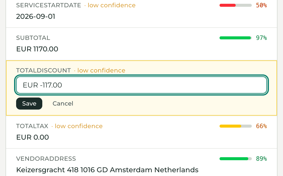 A low-confidence field opened for inline editing
